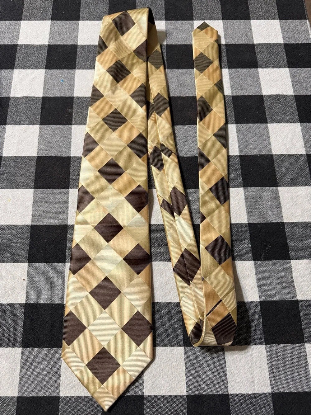 Men's Checked Gold and Brown Silk-Feel Tie